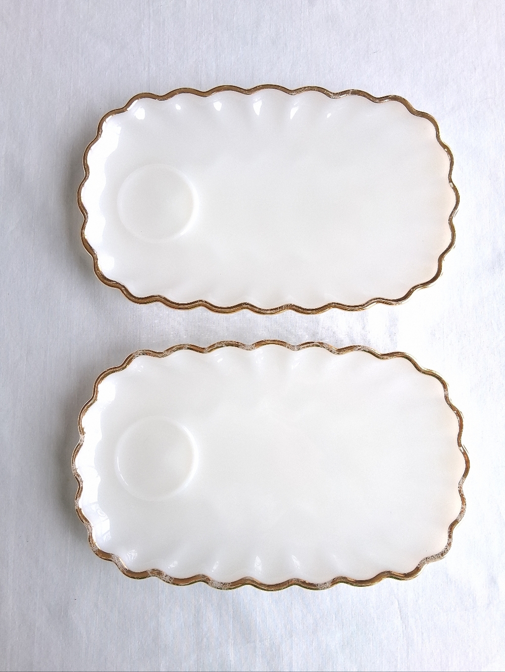Vintage Luncheon Plates  Set Of Two Gold White Milk Glass Scalloped Edge